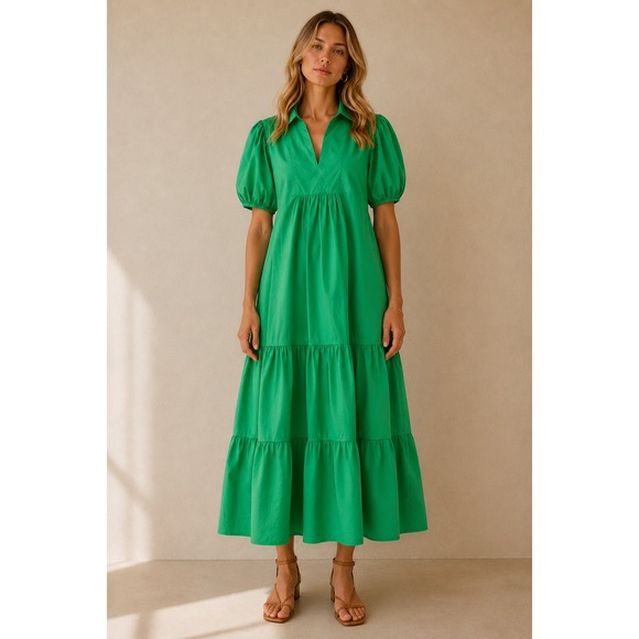 English Factory Dresses & Skirts - English Factory Cotton Poplin Puff Sleeve Midi Dress M Kelly Green Preppy